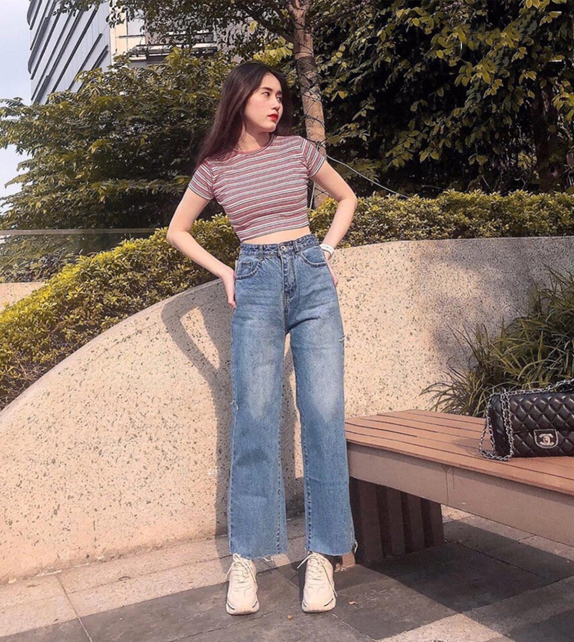 Quần jean nữ ống suôn BG tua lai cắt hai hông cao thấp siêu hot -4