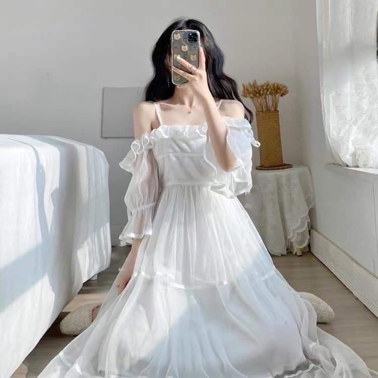 Đầm váy voan trắng tiểu thư 2 dây