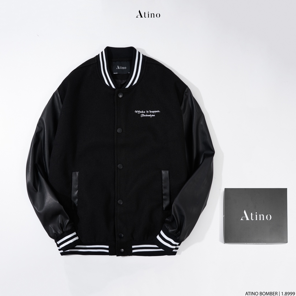 Áo Khoác Varsity Vải Dạ Mix Da PU MAKEIT ATINO Hàn Quốc Phong Cách Trẻ
