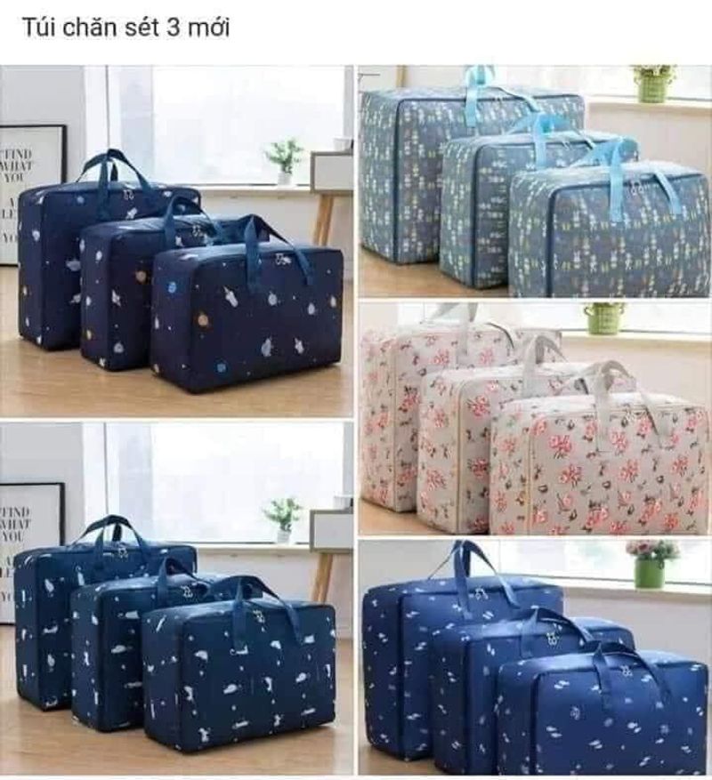 Sét 3 túi đựng chăn màn gấp gọn cho tủ quần áo thêm gọn gàng ngăn nắp, chất liệu vải không dệt chống thấm dày đẹp siêu bền, có khóa kéo chắc chắn và quai xách dễ di chuyển mọi nơi