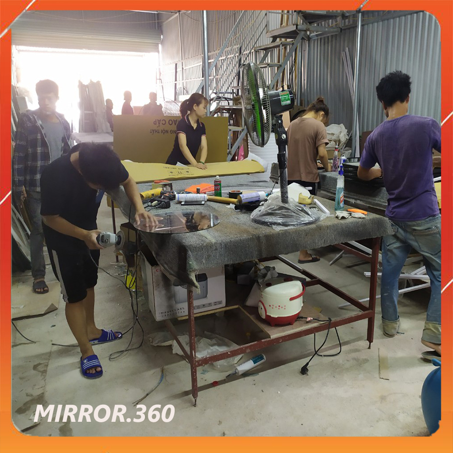 (Size 50cm) Gương Tròn Treo Tường Viền Da Simili (Màu Vàng Bò)