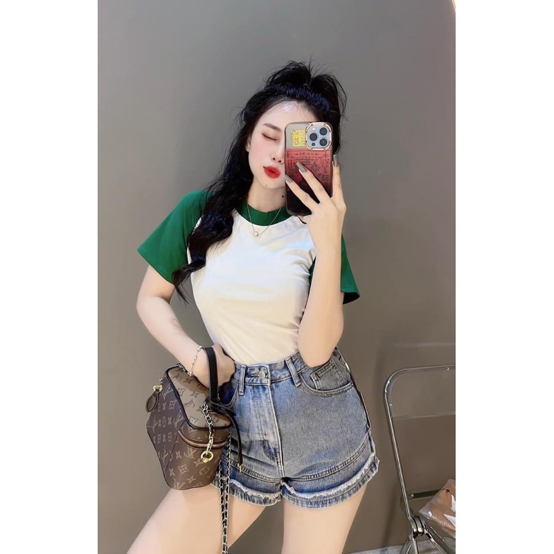 Áo Thun Dáng Ôm Nữ Tay Lỡ Phối Màu ( Mã Raglan Dưới 55Kg )