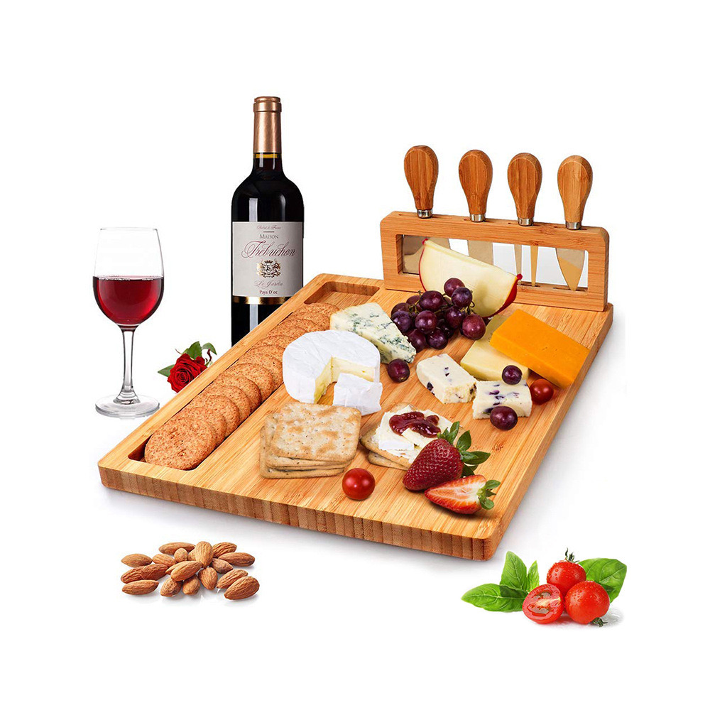 Khay gỗ thớt gỗ đựng đồ ăn, phô mai kèm set dao