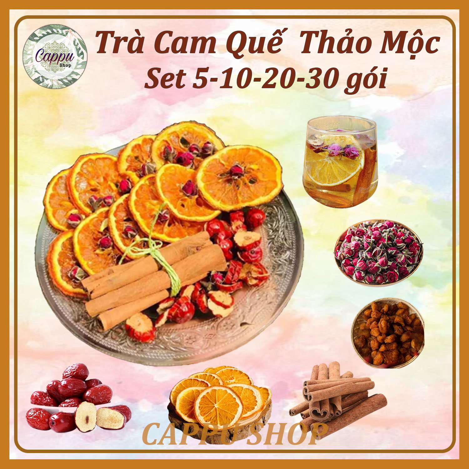 Set 30 gói Trà Cam Quế Thảo Mộc (Hoa hồng- Cam- Quế cây- Long nhãn- Táo lát)