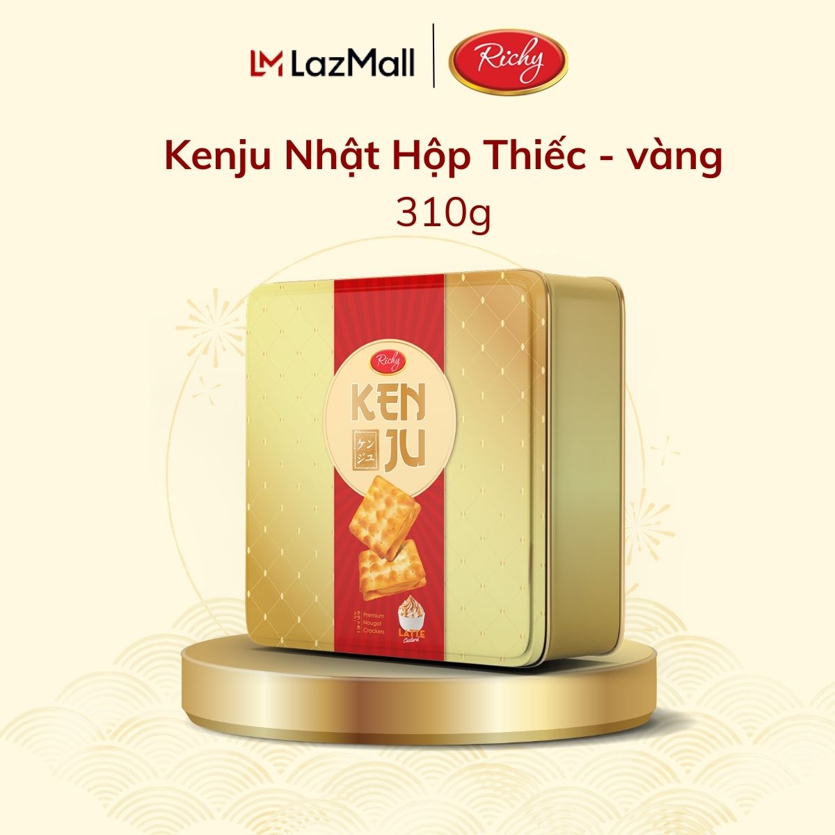 Hộp Bánh Kenju Nhật Kem Dẻo Latte, Hộp Thiếc 310g (Gold) - Bánh Kẹo Richy