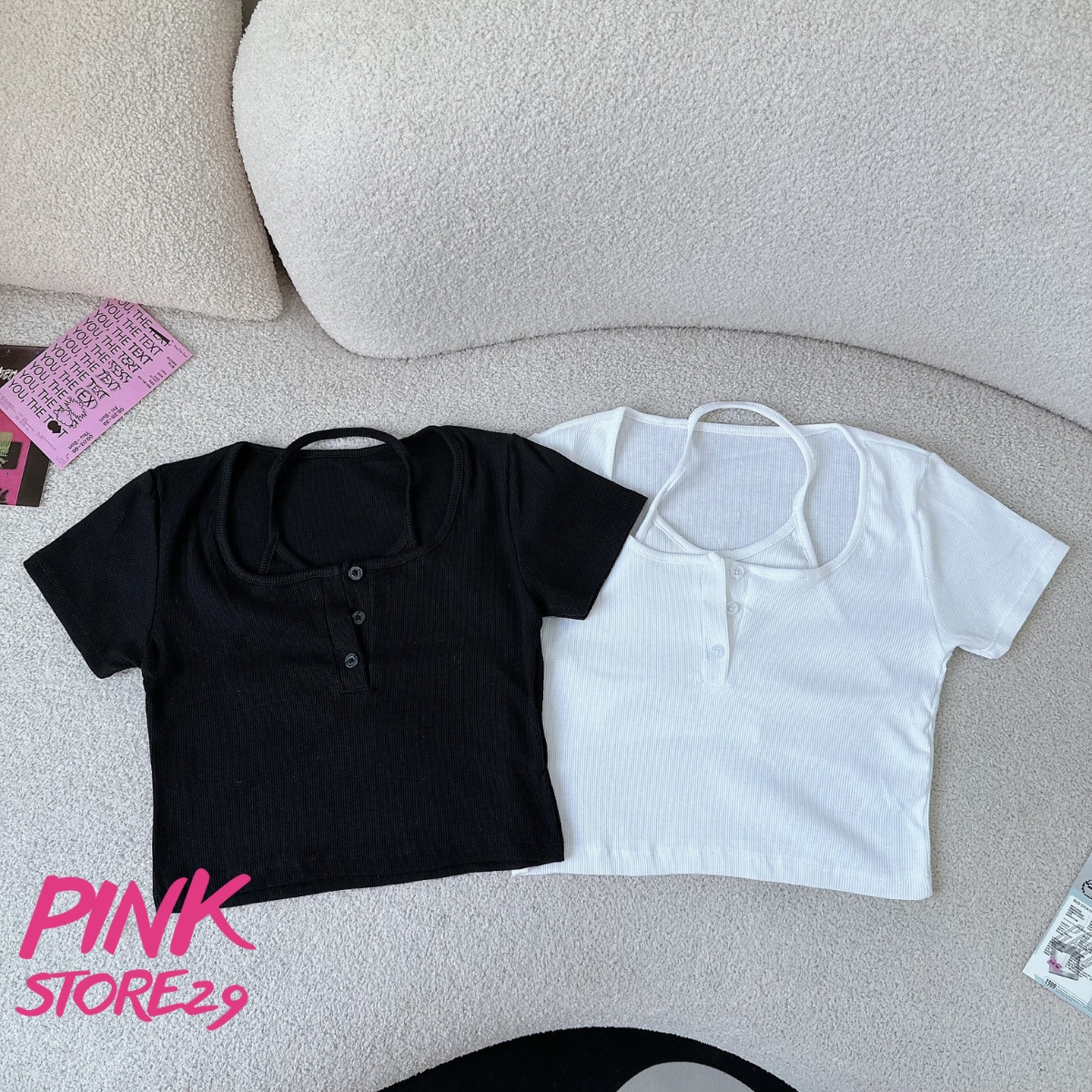 Áo Croptop Body Giả Yếm Tay Ngắn Cổ Chữ U Khuy Cài Phối Cổ Yếm Thơ Ngây A5257