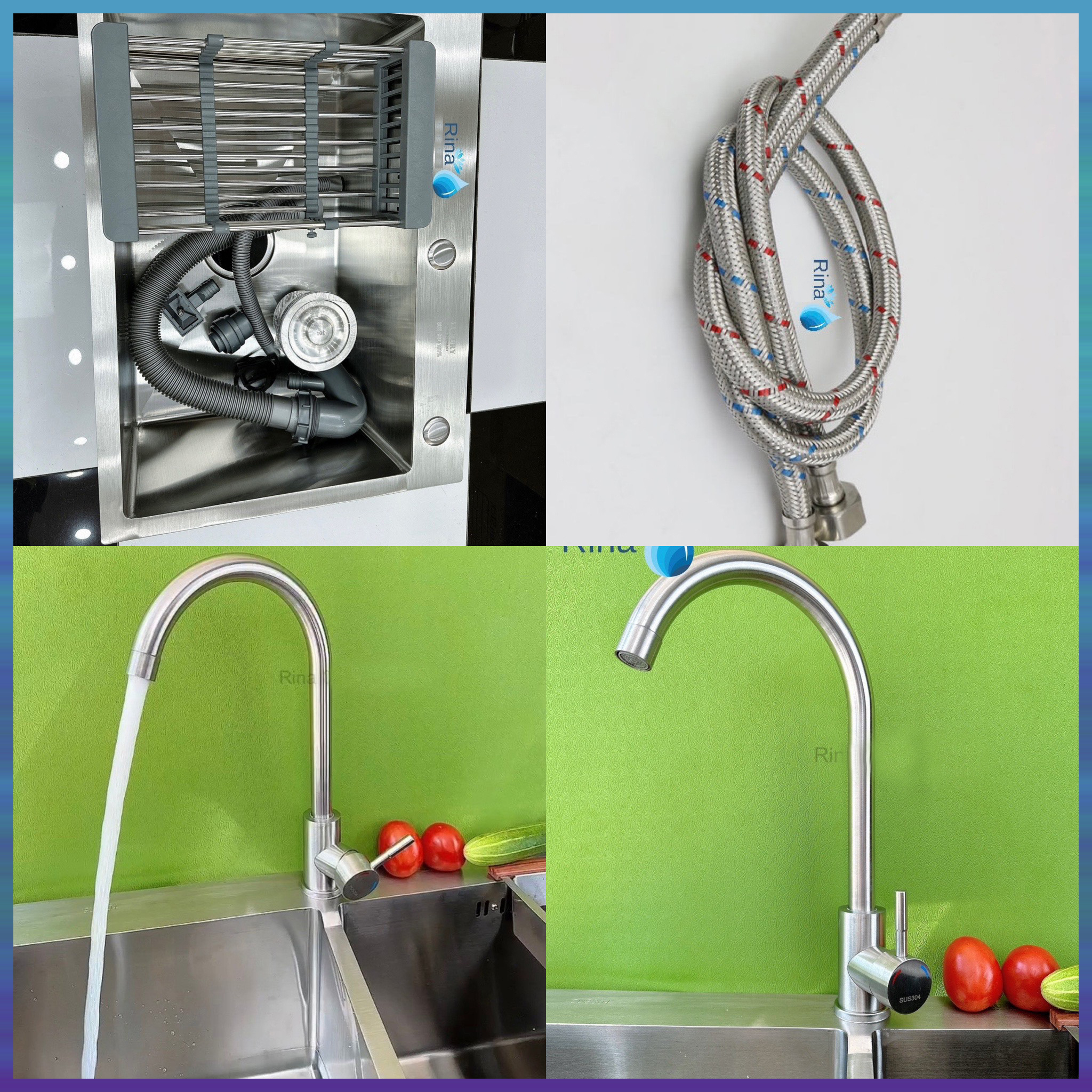 Bồn chậu rửa chén inox 1 hố rina c01 kt 60x45x22cm bồn chậu đúc nguyên khối rửa chén 1 hộc inox sus304 kèm bộ xả và khay rửa