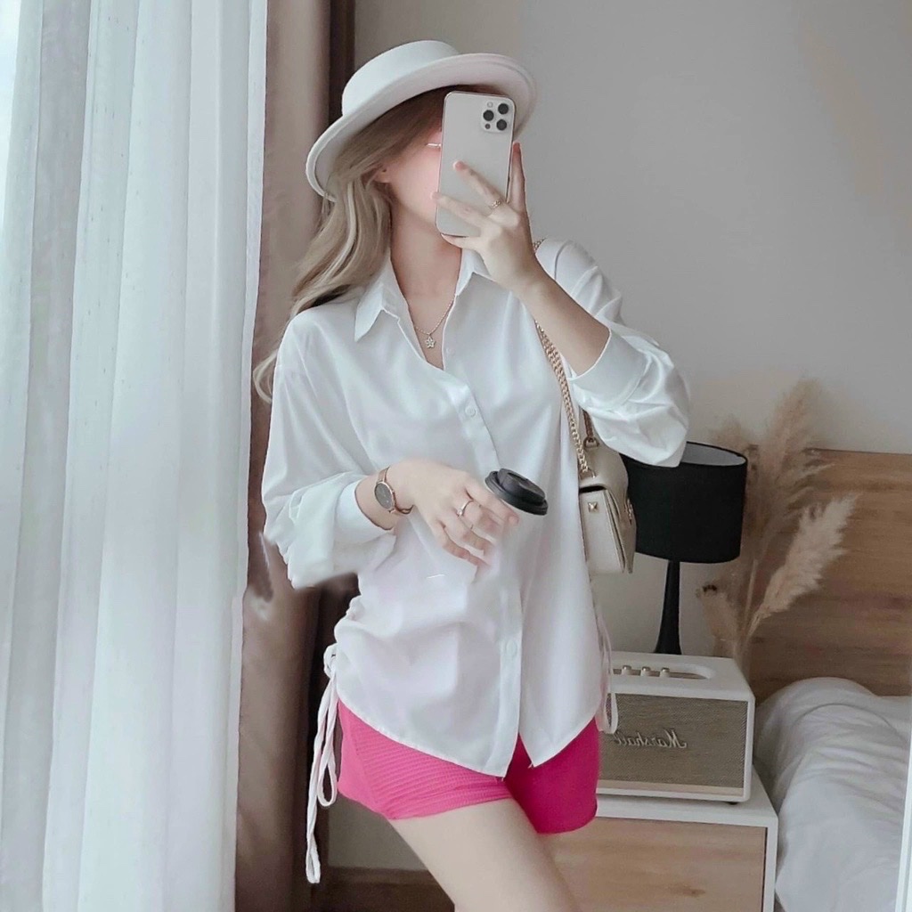Áo sơ mi kiểu rút dây eo tay dài áo sơmi nữ công sở form rộng