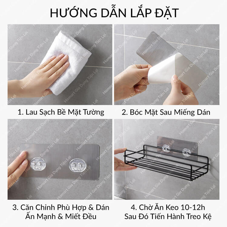 Kệ Sắt Treo Tường Nhà Tắm Phòng Bếp Đa Năng Chống Nước Kèm Miếng Dán Tường Đôi Siêu Dính