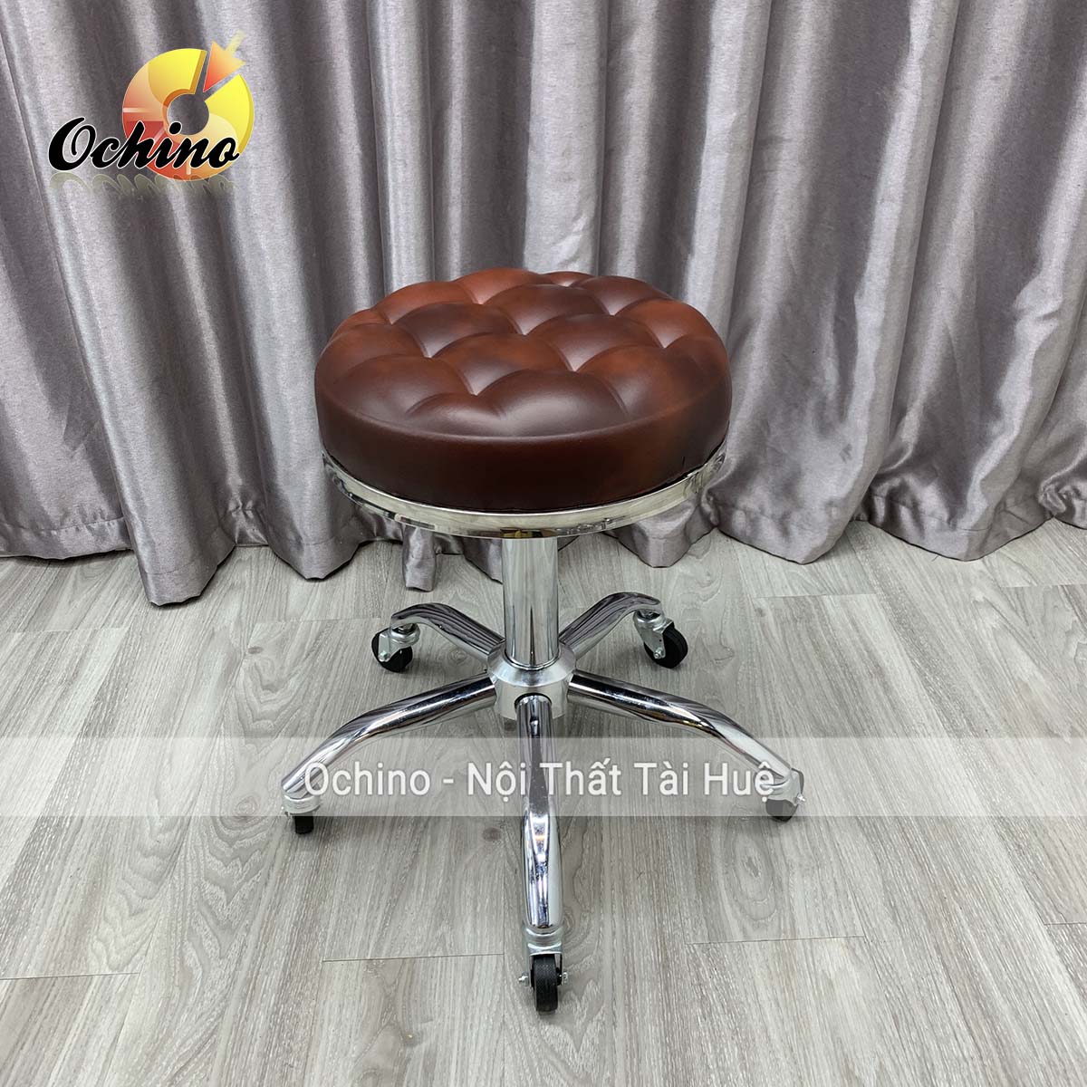 Ghế xoay bánh xe ngồi làm nail, phun xăm, thẩm mỹ di chuyển tiện lợi, da tròn múi điều chỉnh chiều cao 40-55cm