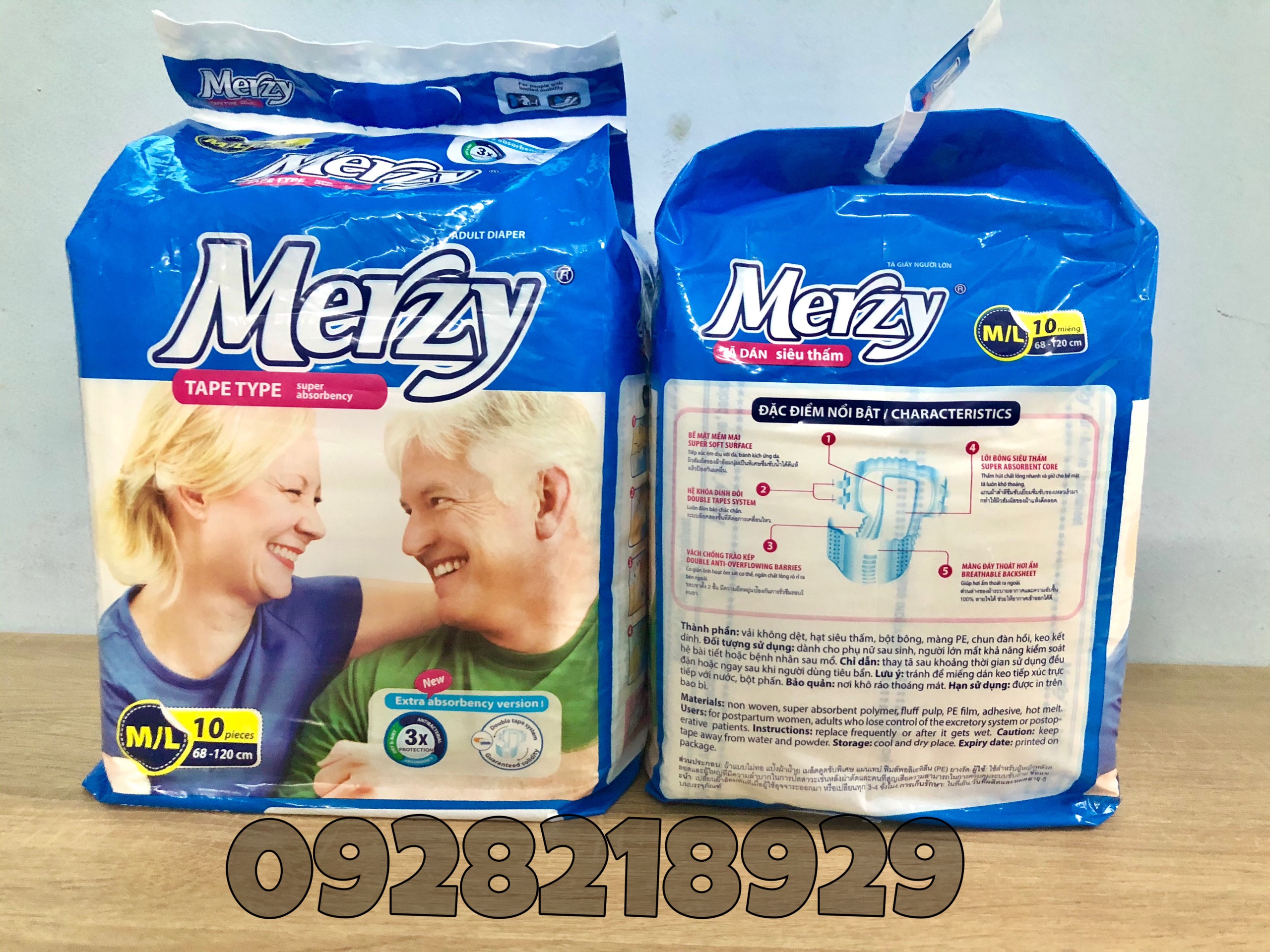 Tã/Bỉm dán người già Merzy size ML gói 10 miếng