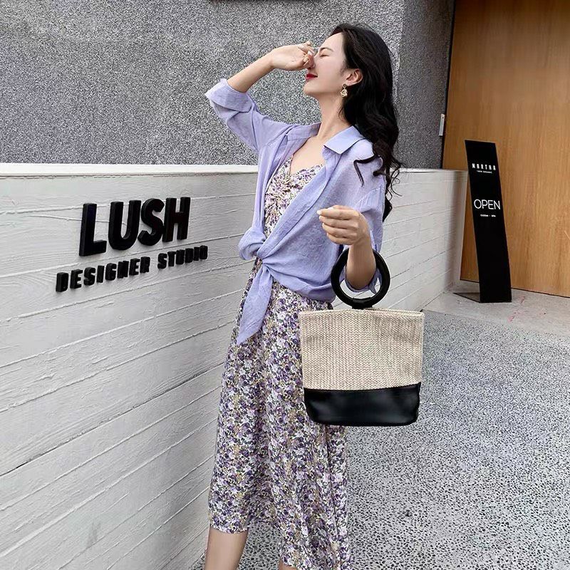 Đầm midi hoa khoát sơ mi tím cực xinh