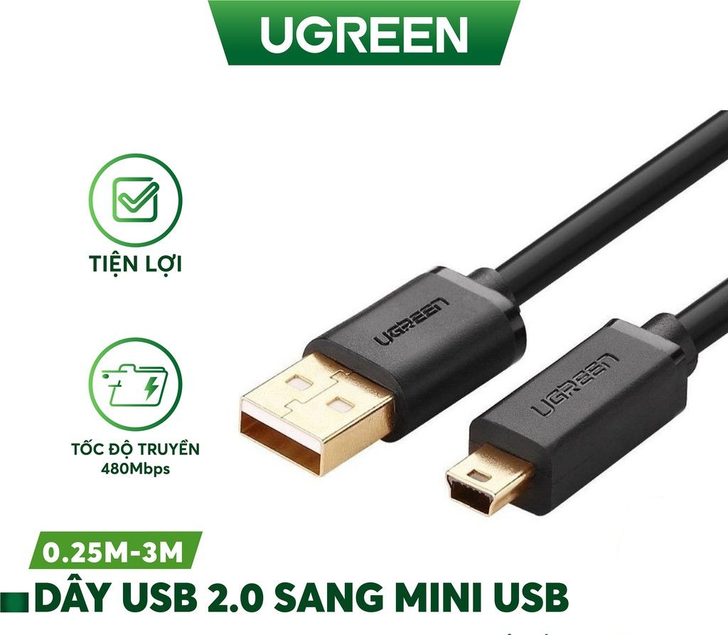 Cáp USB 2.0 to USB Mini 0.5m mạ vàng Ugreen 10354 Chính Hãng