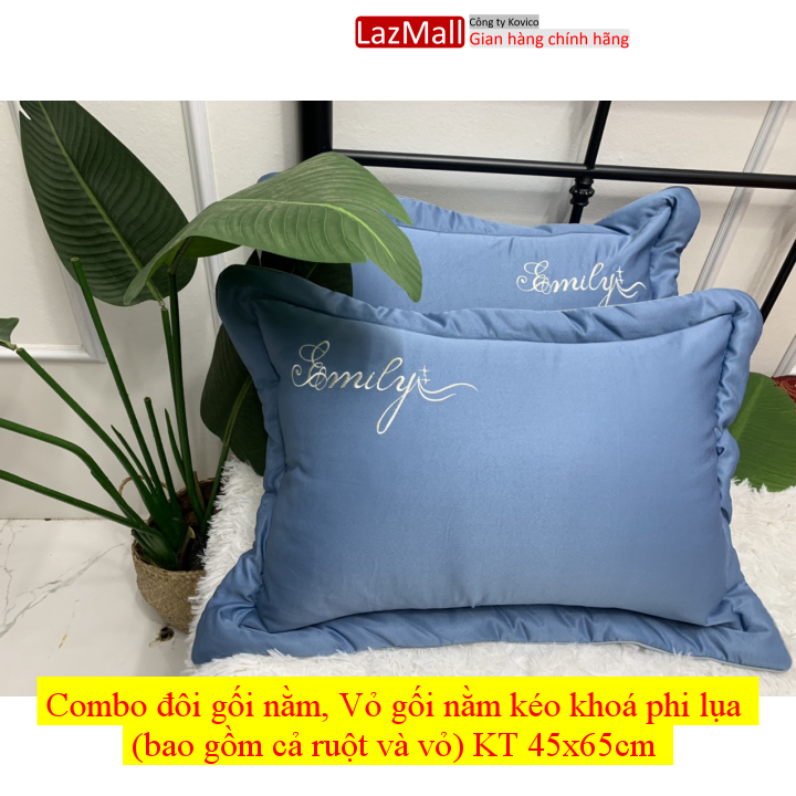 Combo đôi gối nằm, Vỏ gối nằm kéo khoá phi lụa (bao gồm cả ruột và vỏ) KT 45x65cm