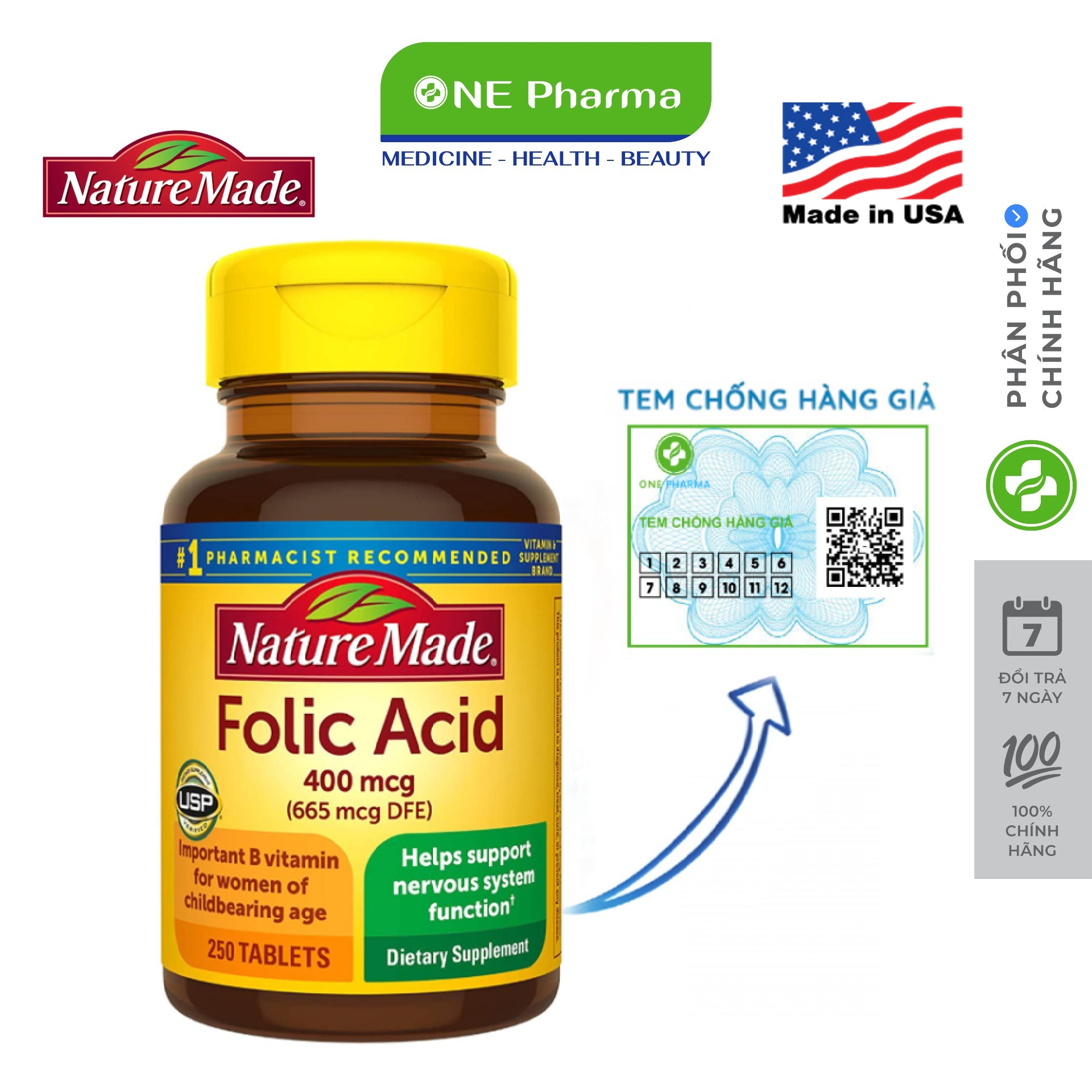Viên uống axit folic nature made folic acid 400mcg 250 viên của mỹ