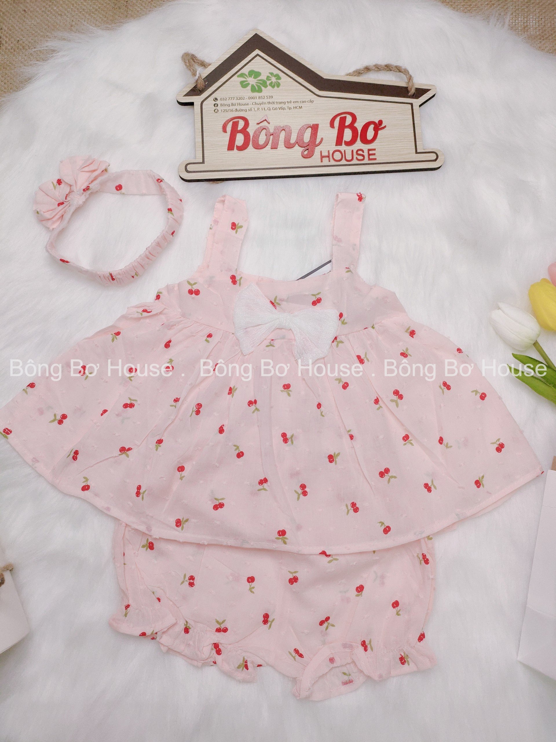 (Hình thật) 𝑺𝑬𝑻 𝑪𝑯𝑬𝑹𝑹𝒀 𝑺𝑻𝒀𝑳𝑬 𝑩𝑨́𝑵𝑯 𝑩𝑬̀𝑶 (size nhí cho bé gái từ 6kg-12kg)