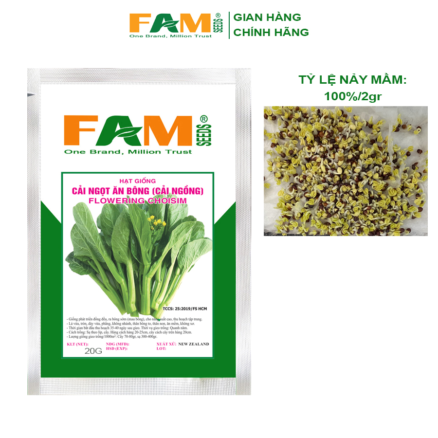 Gói 20gr Hạt Giống Cải Ngọt Ăn Bông (Cải Ngồng) FAM SEEDS - Nhập khẩu New Zealand, Nảy mầm và sinh trưởng rất đều, Chống chịu tốt, Dễ chăm dễ thích nghi, Năng suất cao, Thân to mập, Không xơ