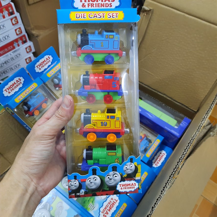 Mô hình xe tàu hỏa thomas mini bằng kim loại đồ chơi trẻ em bộ 4 xe