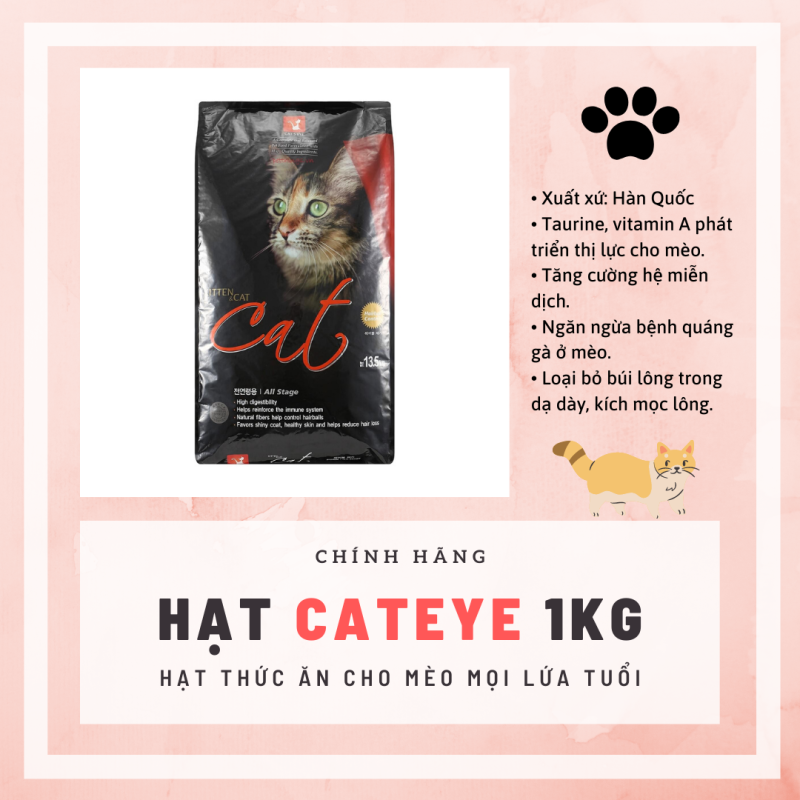 Hạt cho mèo Cateye túi 1kg cân bằng dinh dưỡng, chống búi lông hiệu quả cho mèo mọi lứa tuổi - Donald Pet Store