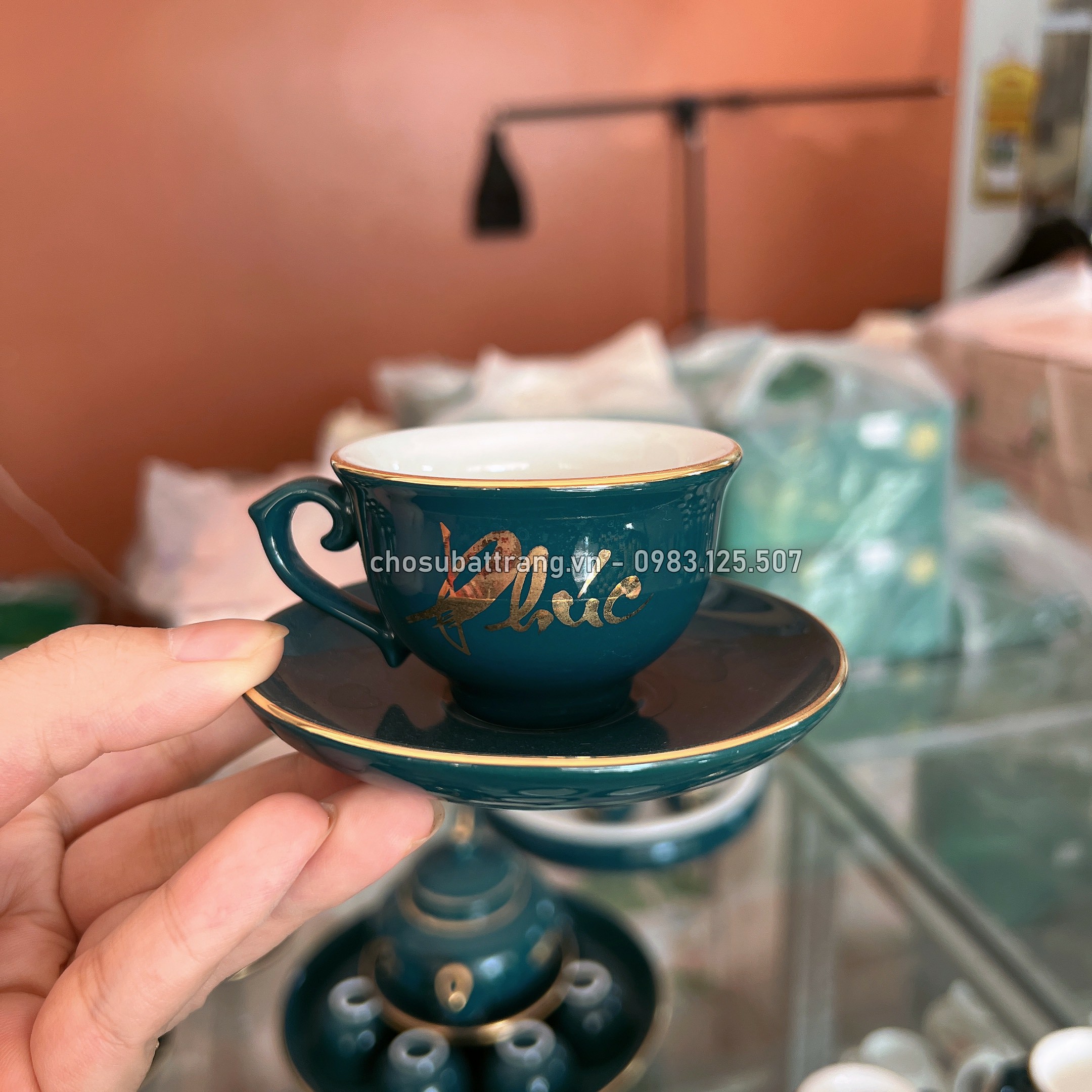Bộ ấm chén men xanh dương Phúc Lộc Thọ
