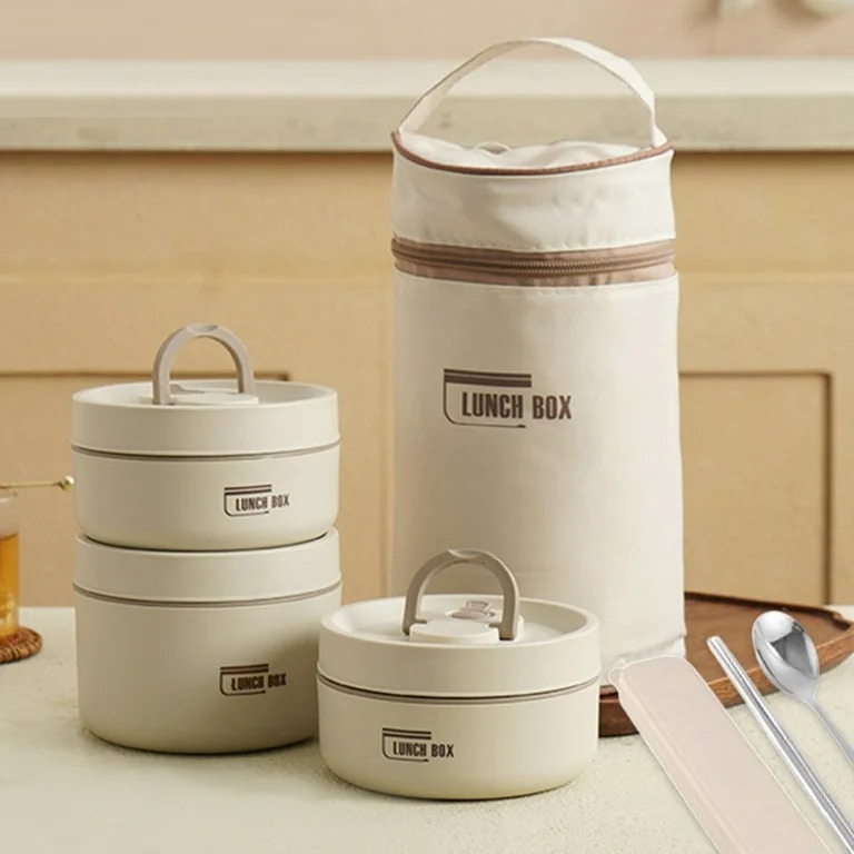 Hộp cơm giữ nhiệt 3 tầng bằng thép không gỉ màu trắng giữ nhiệt tặng kèm túi đựng và set thìa đũa tiện lợi,Hộp cơm 3 tầng lucky- cặp lồng 3 tầng