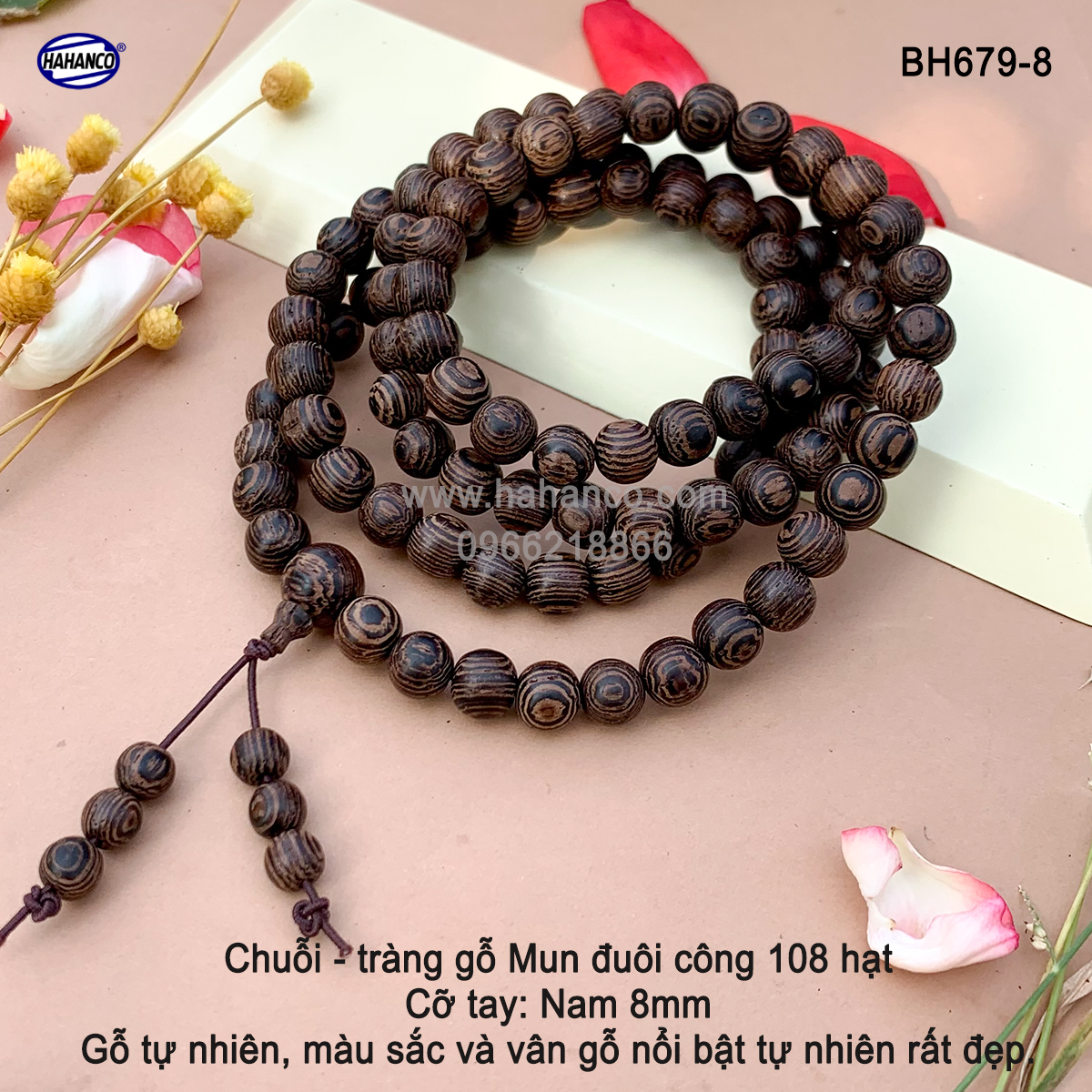 Chuỗi Tràng 108 hạt gỗ Mun Đuôi Công vân gỗ siêu đẹp - An Yên - Thịnh Vượng (BH679)