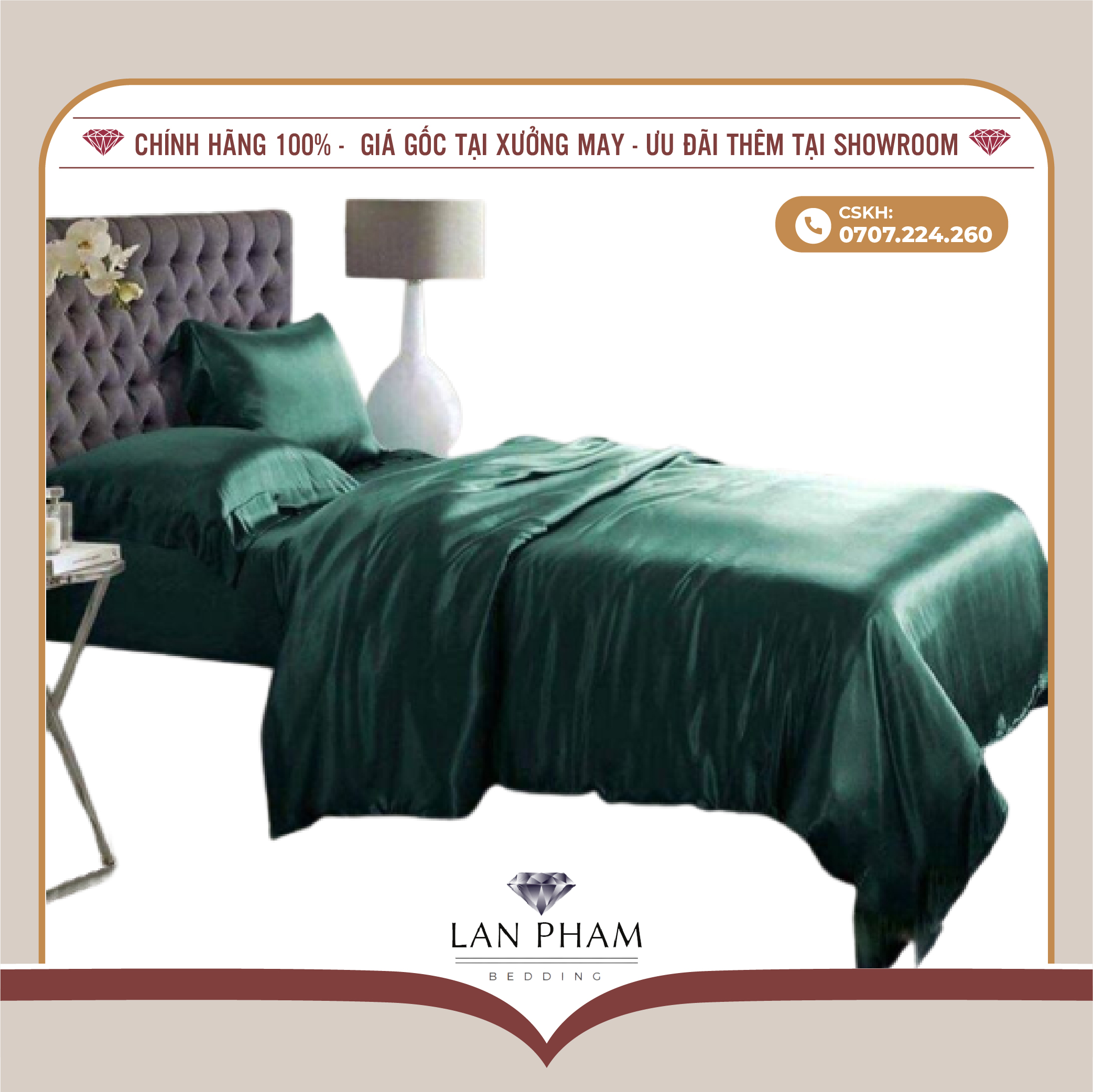 BỘ GA GIƯỜNG DRAP GỐI PHI LỤA MÀU XANH LÁ CÂY CAO CẤP LAN BEDDING