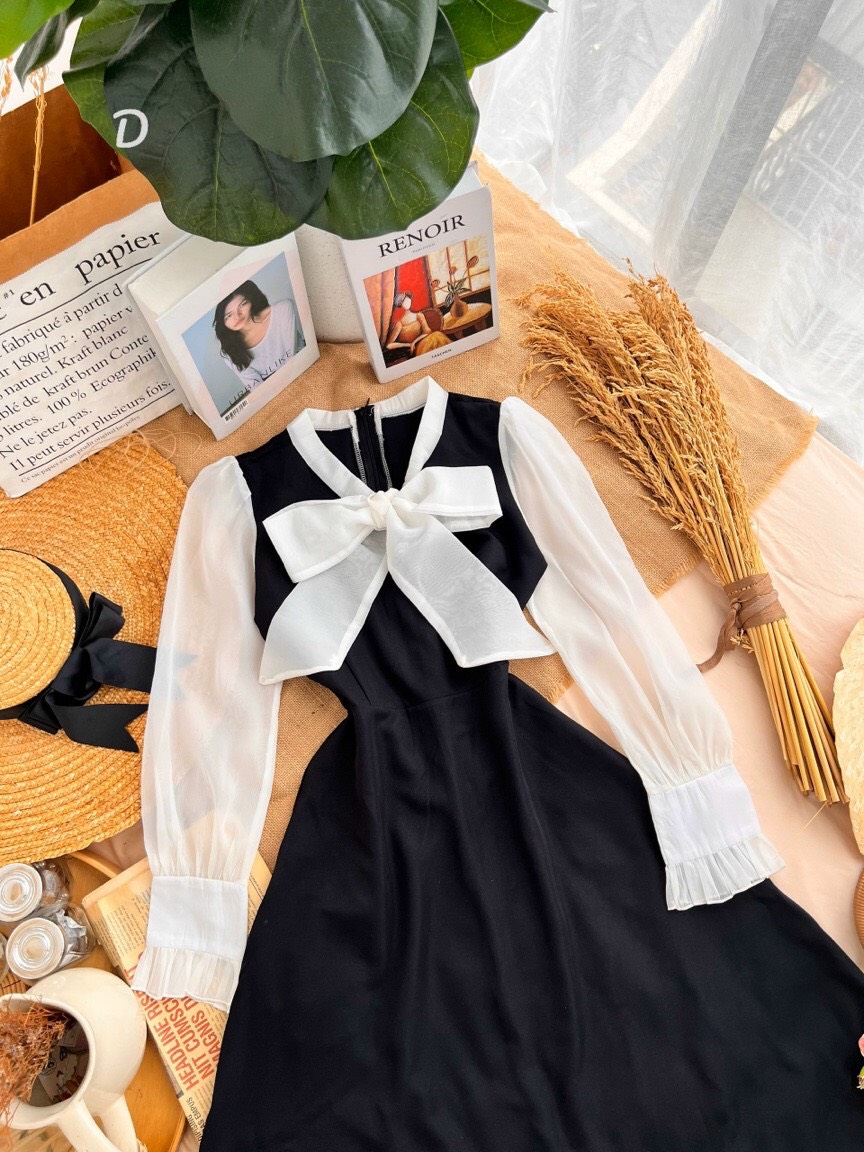 Đầm ULZZANG TAY DÀI ĐÍNH NƠ SIÊU DỄ THƯƠNG