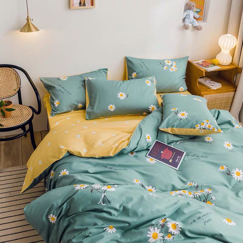 [ HÀNG HÈ 2022]  Bộ Chăn Ga Gối Cotton Poly - Hoa cúc xanh  ( 1 ga + 2 gối nằm + 1 vỏ chăn), chất liệu mềm mại, màu sắc tươi tắn, CÓ ẢNH THẬT