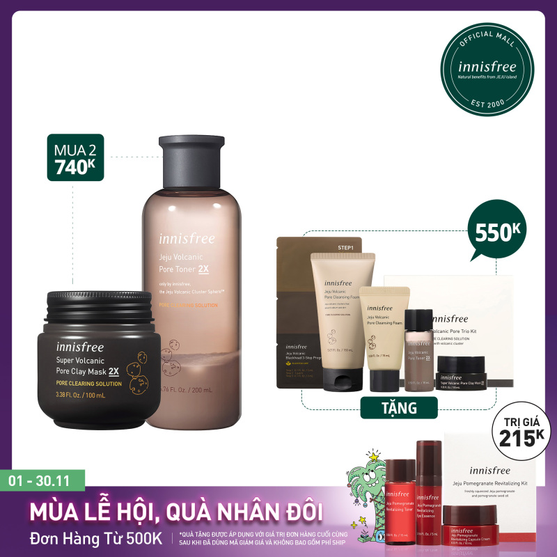 Combo chăm sóc lỗ chân lông sạch sâu Innisfree Super Volcanic Pore Clay Mask 2X 100ml và Jeju Volcanic Pore Toner 2X 200ml giá rẻ