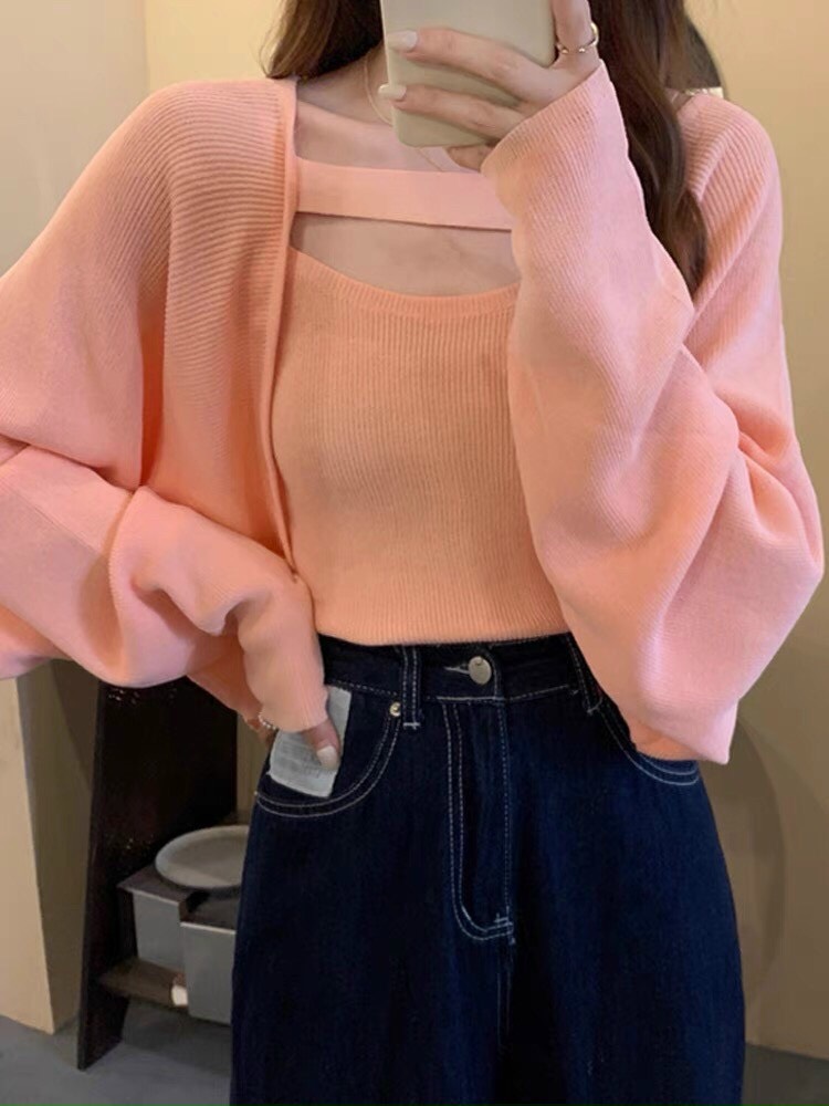 Set len áo 2 dây + cardigan dây cổ độc đáo. Bigsize