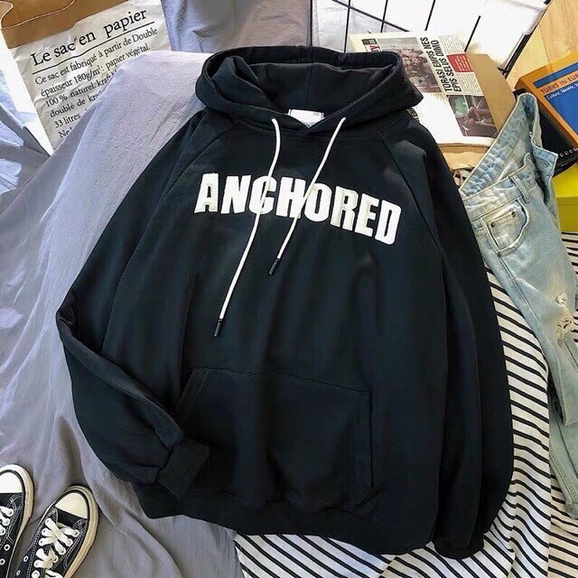 Áo sweater, áo nỉ unisex nam nữ, áo hodie tay dài có nón from rộng in chữ ANCHORED, áo nỉ cổ tròn đi chơi dạo phố phong cách, cá tính
