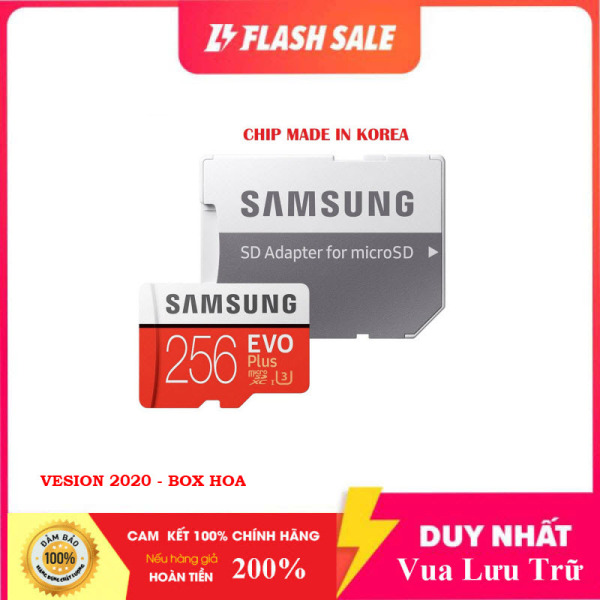 [Flash Sales] Thẻ nhớ MicroSDXC Class 10 Samsung Plus 256GB Box Hoa U3 4K R100MB/s W90 MB/s New 2020 (Đỏ) + Kèm Adapter
