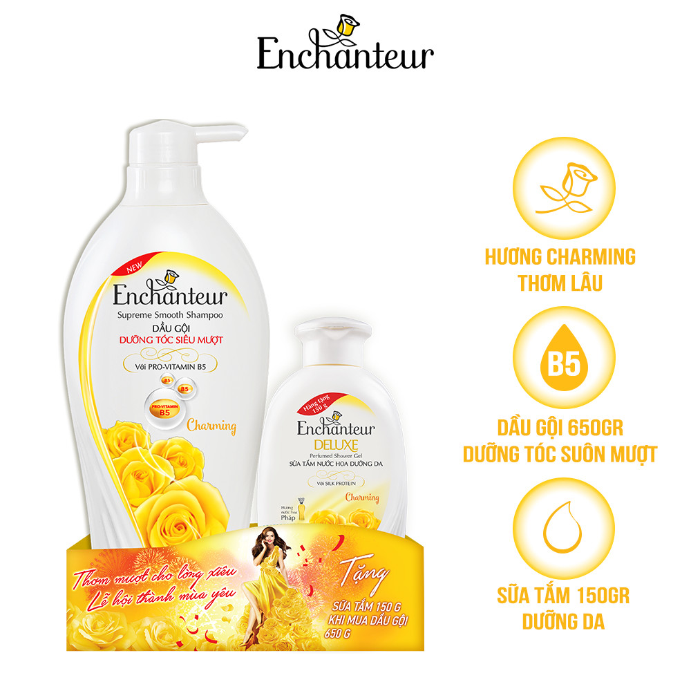 Dầu gội mềm mượt Enchanteur Charming/Sensation 650gr tặng sữa tắm 180g