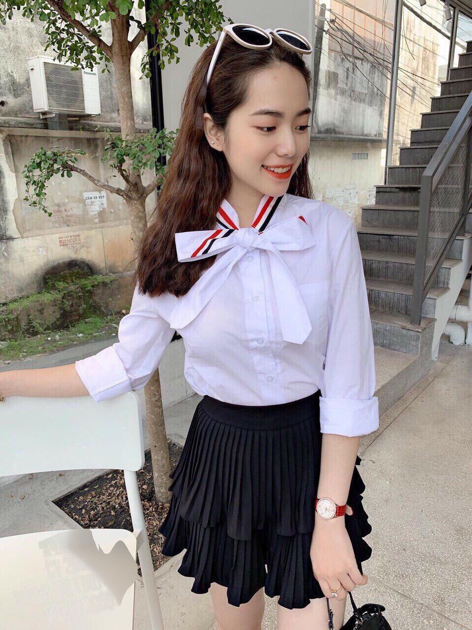 [HCM]Áo sơ mi nữ sọc cổ kèm nơ