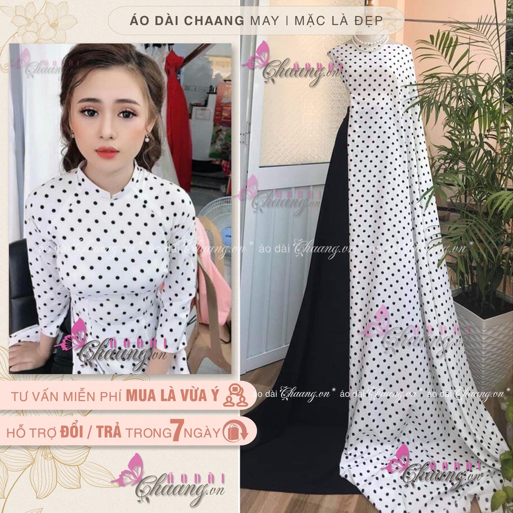 Áo dài trắng chấm bi - Áo dài truyền thống may sẵn cổ vuông tay lỡ Lụa đẹp