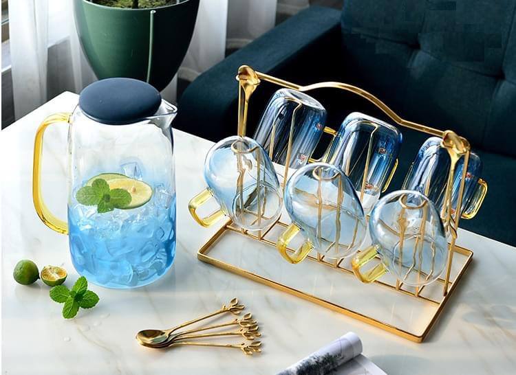 Bộ bình kèm 6 cốc thủy tinh uống nước xanh dương