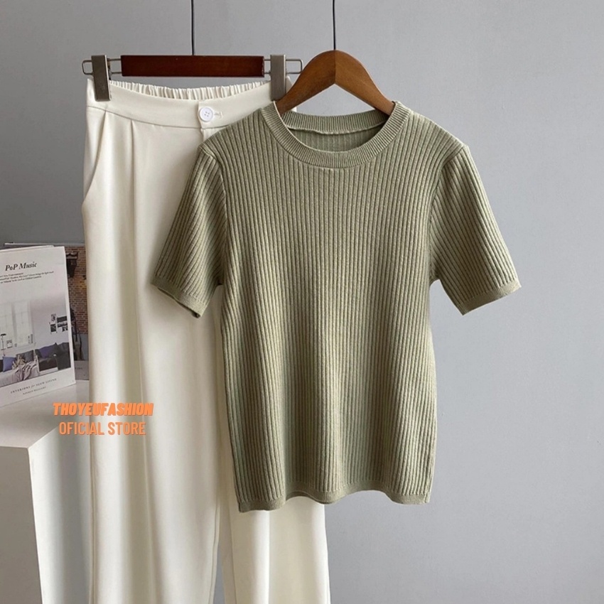 Áo Len Tăm Đũa Cộc Tay Cổ Tròn Basic