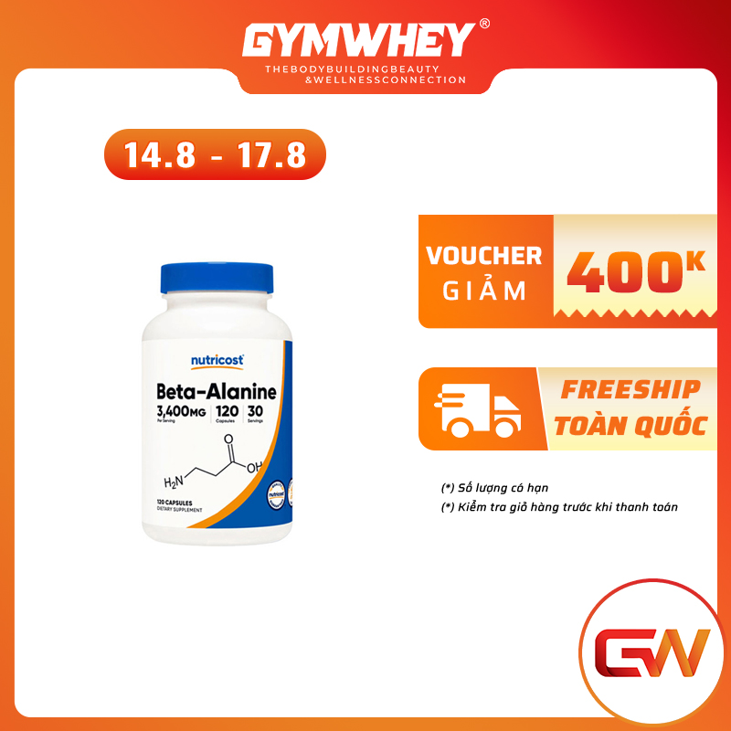 Nutricost beta - alanine 3400mg 120 viên nhộng hỗ trợ tăng cường sức bền và hiệu suất luyện tập