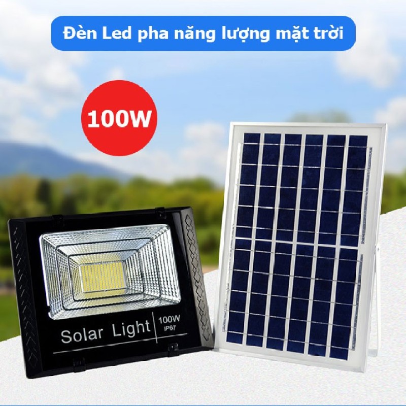 Đèn pha led năng lượng mặt trời công suất 100w, kèm tấm pin rời, có remote, có cảm biến tự động, dây nối 5m
