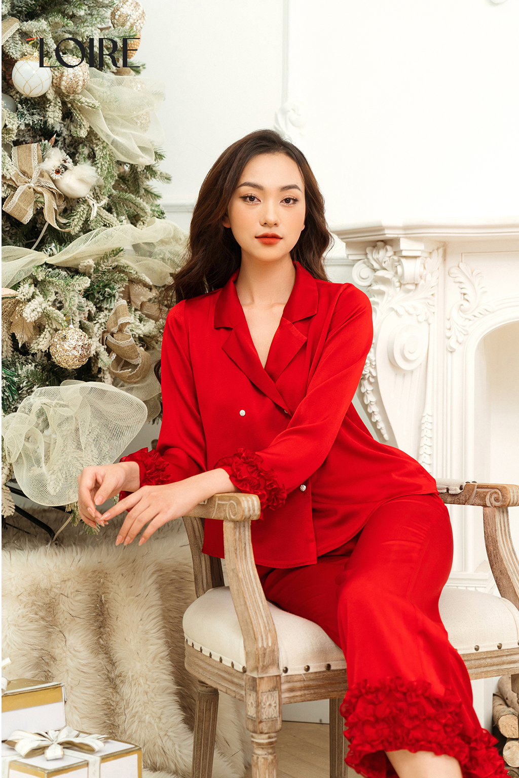 Bộ Pijama Lụa Dài Tay Nhún Bèo Loirechic LPD12