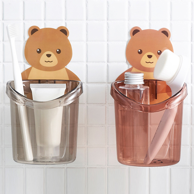 Cốc gấu dán tường đựng bàn chải đánh răng, cốc gấu nâu đựng kem đánh răng