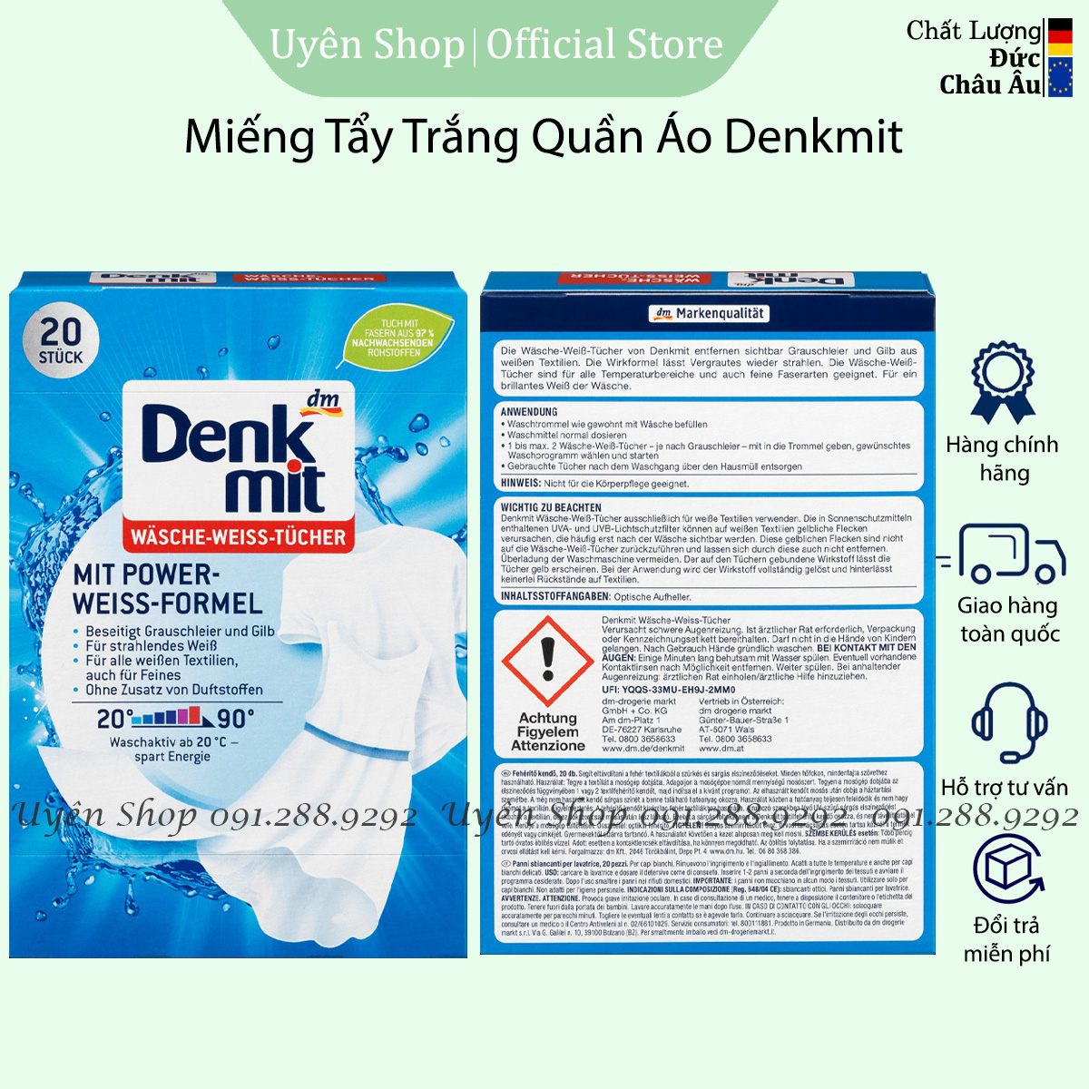 Miếng Tẩy Trắng Quần Áo Denkmit HÀNG ĐỨC Giúp Quần Áo Trắng Sáng Rạng Rỡ, không Ngả Vàng, 20 miếng