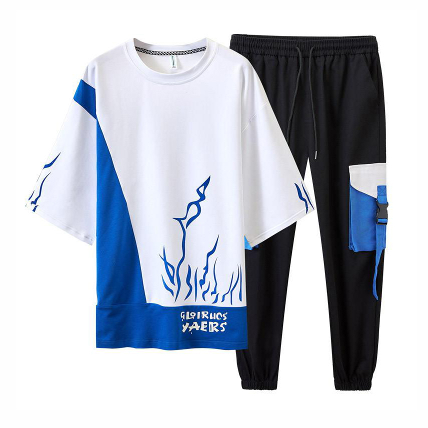 [ Hoàn Tiền Max ] Bộ Quần Áo Thun Nam Cổ Tròn Tay Ngắn Họa Tiết Chữ YAERS Quần Jogger Túi Hộp Sành Điệu Blue Monday MEN QA 074C