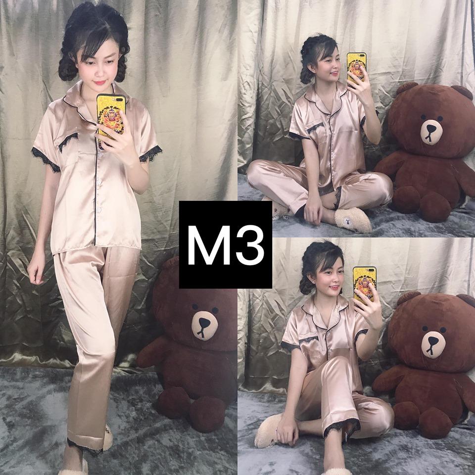 [HCM]Set Đồ Bộ Nữ Pijama Tay Ngắn Quần Dài Phi Lụa Phối Ren Đen Siêu Sang
