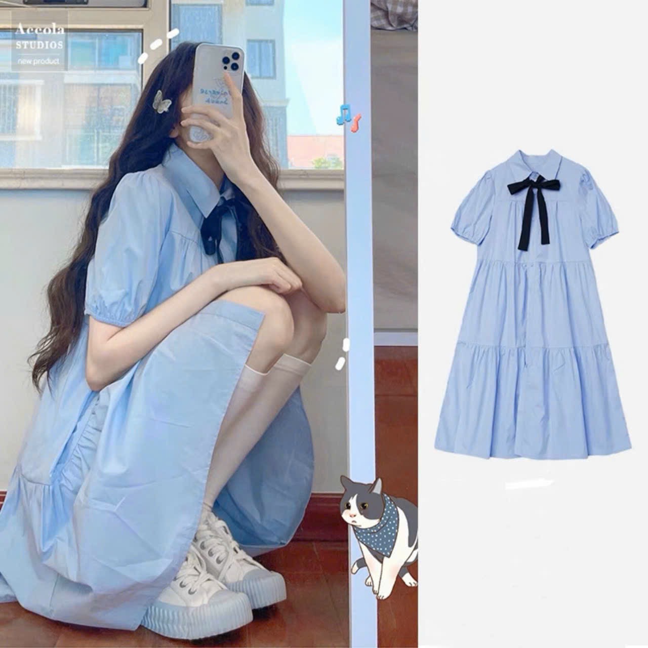 Đầm babydoll xanh nơ cổ