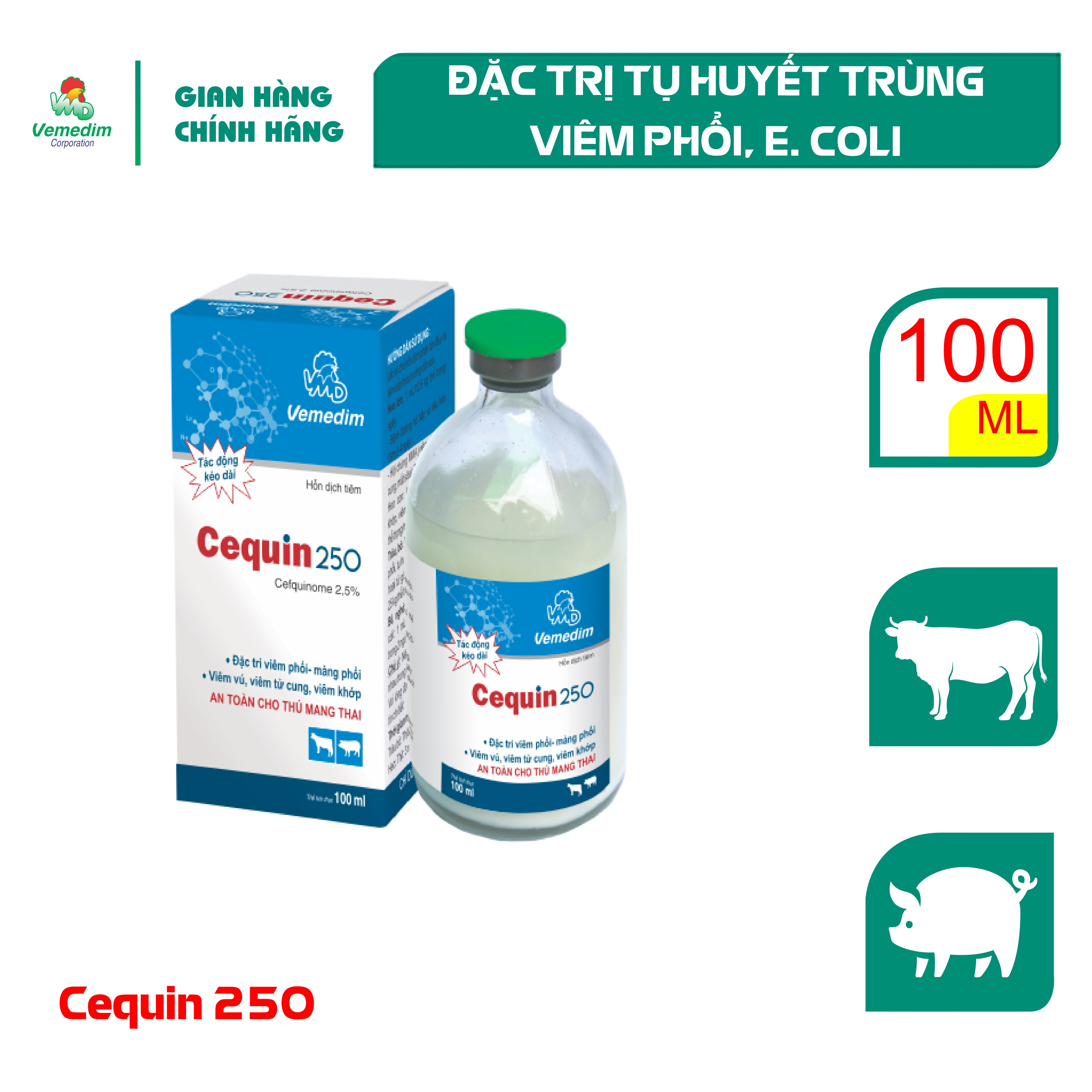 "Hoàn tiền đến 10%" Vemedim  Cequin 250 Thuốc phòng trị tụ huyết trùng, viêm phổi cho gia súc và chó, mèo, chai 100ml