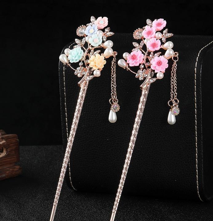 Trâm hoa đào nhí gắn điệp thả hạt ngọc cổ trang cosplay