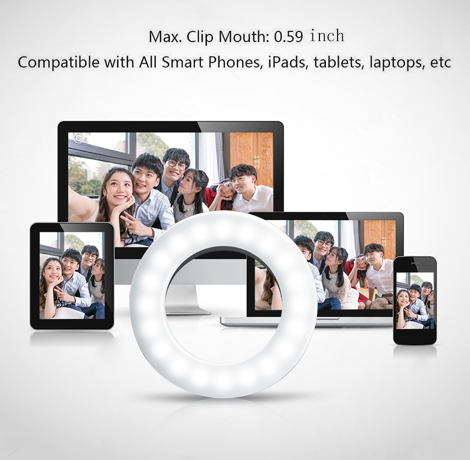 KIPRUN Selfie Ring Light [3 Light Modes] [Rechargeable], Clip on Phone Camera LED Light, Adjustable Brightness Selfie Circle Light for iPhone X Xr Xs Max 7 8 Plus 11 Pro Android iPad Laptop