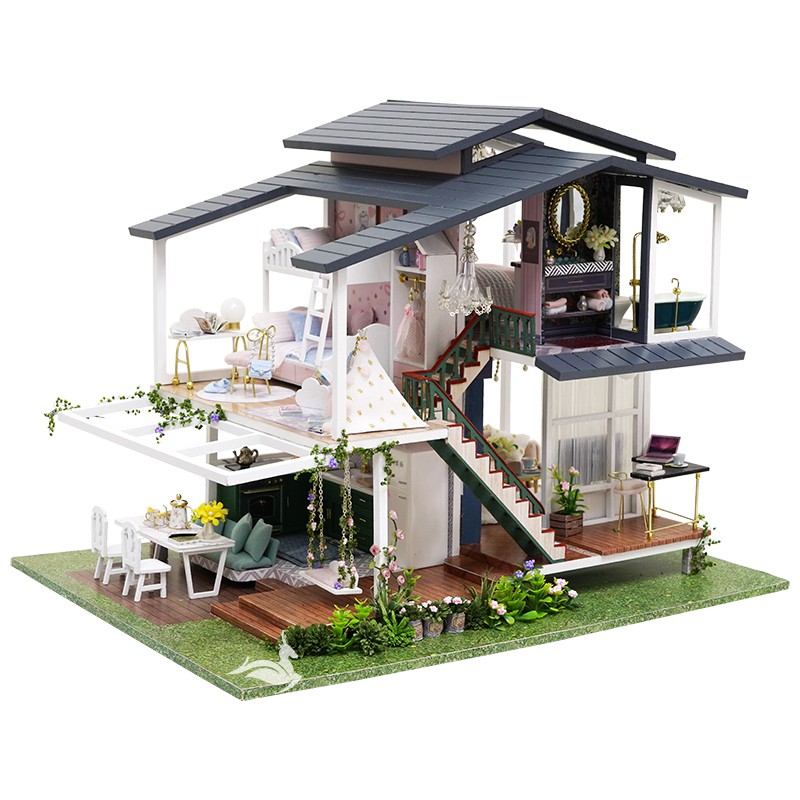 Nhà búp bê DIY tự làm bằng gỗ - Tặng cót nhạc và keo dán Monet Garden
